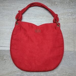 VINTAGE Escada Red Velvet Bronze Logo Sweetheart Knotted Strap Handbag